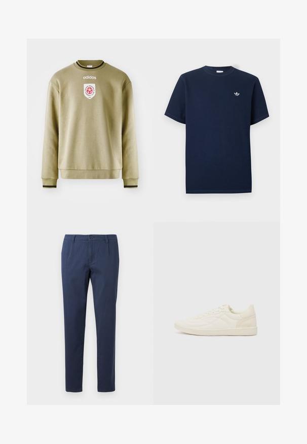 Olivengrøn sweatshirt med rund hals, ribstrikkede manchetter og kant. Har et broderet logo og et mærke med røde accenter. Glat tekstur.; Mørkeblå, ribstrikket T-shirt med korte ærmer, rund hals og lille hvid Adidas Trefoil-logo på venstre bryst.; Marineblå bukser lavet af letvægtsstof, med en frontknaplukning, to sidelommer og en lige snit.; ALDO THEPITCH - Sneakers - white