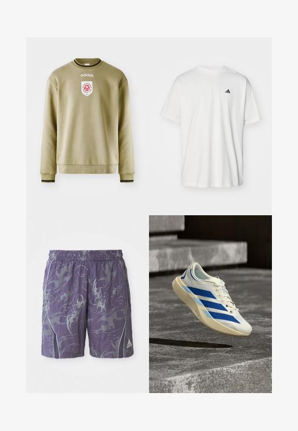 Olivgrüner Pullover mit Rundhalsausschnitt, gerippten Bündchen und Saum. Verfügt über ein besticktes Logo und einen Patch mit roten Akzenten. Glatte Textur.; Weißes Baumwoll-T-Shirt mit kurzen Ärmeln, Rundhalsausschnitt und kleinem schwarzem Adidas-Logo auf der linken Brust. Weicher Stoff, lässige Passform.; Lila Sportshorts mit abstrakten silbernen Mustern, elastischem Bund, seitlichen Paspeln und Adidas-Logo am unteren rechten Bein.; Weißer und blauer Adidas-Laufschuh, der über einem Betontreppenstufe mit strukturierter, rauer Oberfläche schwebt.