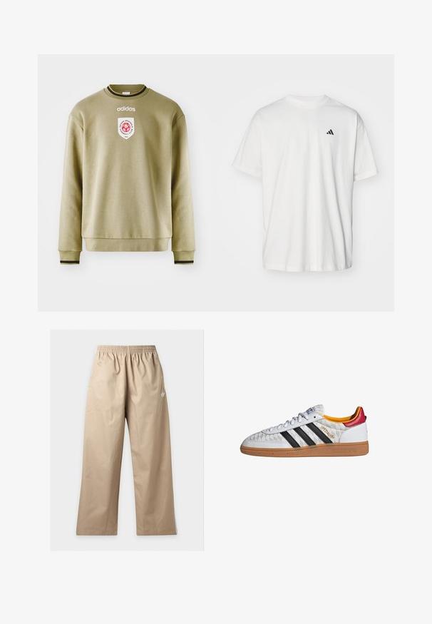 Olivgrüner Pullover mit Rundhalsausschnitt, gerippten Bündchen und Saum. Verfügt über ein besticktes Logo und einen Patch mit roten Akzenten. Glatte Textur.; Weißes Baumwoll-T-Shirt mit kurzen Ärmeln, Rundhalsausschnitt und kleinem schwarzem Adidas-Logo auf der linken Brust. Weicher Stoff, lässige Passform.; Beige Hosen mit weitem Bein und elastischem Bund, mit kleinem weißem Adidas-Logo am oberen linken Oberschenkel, vor einfachem Hintergrund gezeigt.; Weißer Adidas Spezial Sneaker mit schwarzen Streifen, Gummisohle, gestepptem Muster, rotem Fersenlaschen und gelber Innenausstattung, Seitenansicht.