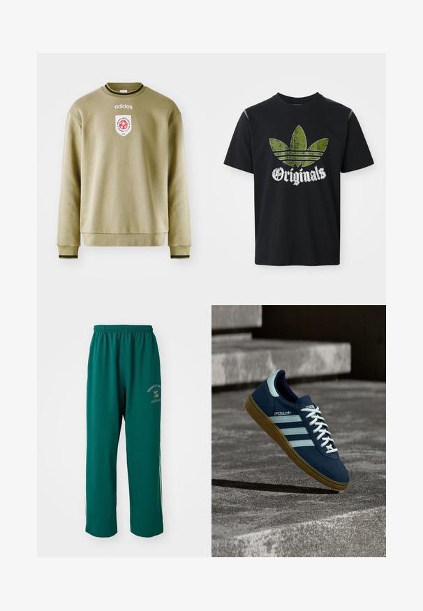 Olivengrøn sweatshirt med rund hals, ribstrikkede manchetter og kant. Har et broderet logo og et mærke med røde accenter. Glat tekstur.; Sort bomulds T-shirt med et slidt grønt grafik med tre striber og ordet "Originals" nedenfor i hvidt, rund halsudskæring, korte ærmer.; Grønne træningsbukser lavet af glat stof, med elastisk talje, logo print på den ene side og hvide sidelister. Normal pasform.; Blå Adidas Spezial sneaker med hvide striber og snørebånd, gummisål, svævende over en ru betongoverflade og trin i baggrunden.