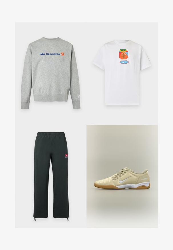 Ανοιχτό γκρι φούτερ Nike με μπλε κείμενο "Nike Sportswear" και μικρό πορτοκαλί λογότυπο Nike στο στήθος, λευκό λογότυπο Nike στο αριστερό μανσέτα του καρπού.; Λευκό κοντομάνικο μπλουζάκι με πολύχρωμο αφηρημένο γραφικό που απεικονίζει ένα λουλούδι και ένα μπλε λογότυπο Nike στο στήθος.; Σκούρο πράσινο παντελόνι Nike με ελαστική μέση, ίσια πόδια, μικρό κόκκινο και λευκό λογότυπο Nike στο μηρό και ρυθμιζόμενα κορδόνια στα μπατζάκια.; Μπεζ εσωτερικό παπούτσι ποδοσφαίρου με λευκό λογότυπο Nike swoosh, καουτσούκ σόλα, κορδόνια και κείμενο "total90 III" στην φτέρνα, εμφανιζόμενο από τη πλευρά.