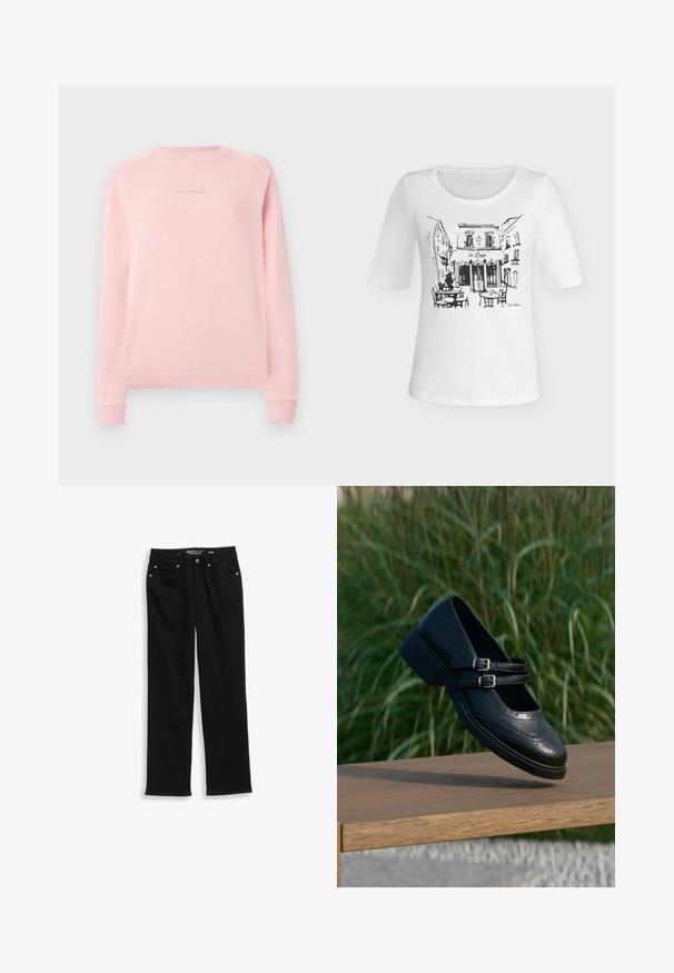 Lyserød sweatshirt med lange ærmer, rund halsudskæring og et diskret logo trykt på brystet. Fremstillet af blødt, glat stof.; Hvid kortærmet skjorte med en sort skitse af en café facade, udendørs borde, stole og omkringliggende bygninger.; Sorte denimjeans med lige ben, der har knappelukning, fem lommer og diskrete syninger langs sømmene.; Sort læder Mary Jane-sko med dobbelte spænder og brogue-detaljer, der svæver over en træbænk med grøn græsbaggrund.