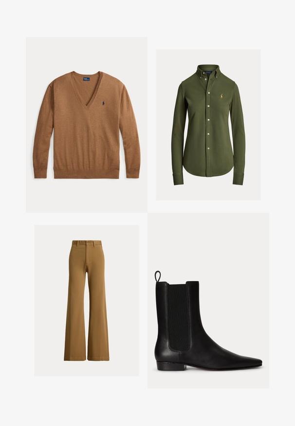 Pull marron à manches longues avec col en V et petit logo Polo Ralph Lauren bleu marine sur le côté gauche de la poitrine, posé à plat sur fond blanc.; Chemise olive à manches longues avec boutons, en tissu doux, dotée d'un col classique et d'un logo brodé sur la poitrine gauche.; Pantalon marron taille haute à jambes larges avec passants de ceinture, bouton frontal et fermeture éclair sur fond clair.; Bottine en cuir noir avec panneau latéral élastique, languette au dos, petit talon et bout pointu.