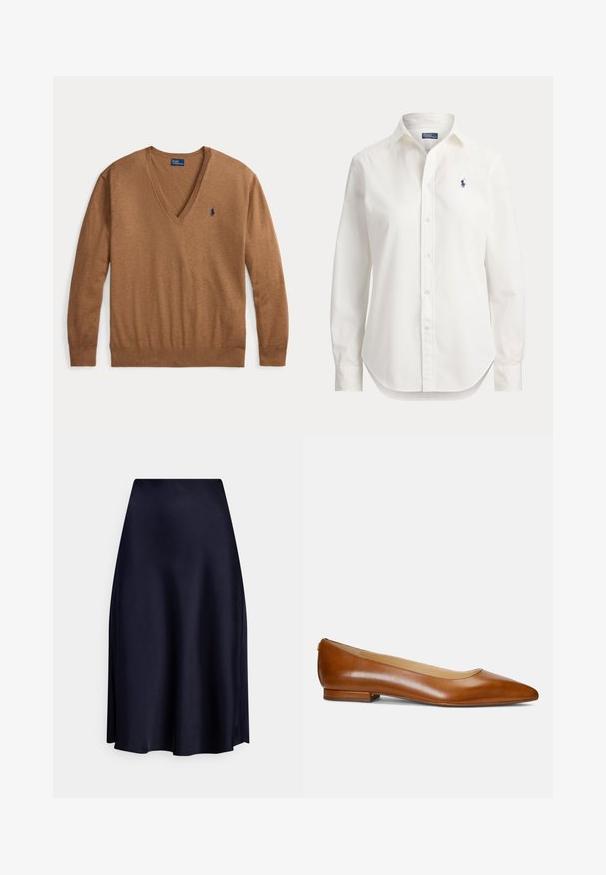 Bruine V-hals trui met lange mouwen en een klein donkerblauw Polo Ralph Lauren-logo aan de linkerkant van de borst, plat gelegd op een witte achtergrond.; Witte blouse met lange mouwen, knopen, kraag en klein blauw logo van een polospeler op de linkerborst.; Marineblauwe midi-rok van satijn met een gladde textuur, een uitlopende pasvorm en een aansluitende tailleband, met een strakke en minimalistische stijl.; Dames puntige bruine leren platte schoen met lage hak en een gladde afwerking, getoond in zijaanzicht op een neutrale achtergrond.