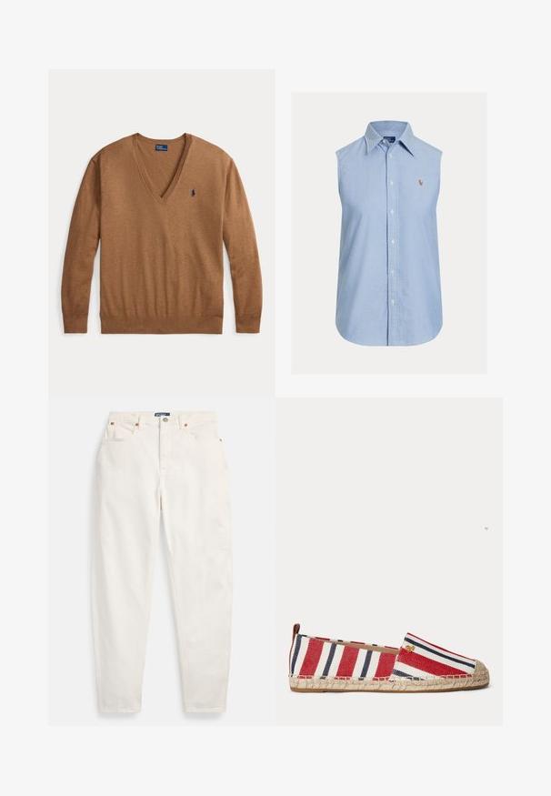 Brun langærmet V-hals sweater med et lille mørkeblåt Polo Ralph Lauren-logo på venstre brystside, lagt fladt på en hvid baggrund.; Lyseblå ærmeløs skjorte med knapper lavet af bomuld. Har en klassisk krave og broderet logo på brystet. Glat tekstur.; Hvide høj-taljede jeans med lige ben, foran knap og lynlås, fem-lommer design og Polo mærkeetiket på linningen.; Flad espadrillesko med røde, hvide og marineblå striber, jutesål og lille gyldent logodetalje nær den øverste kant.