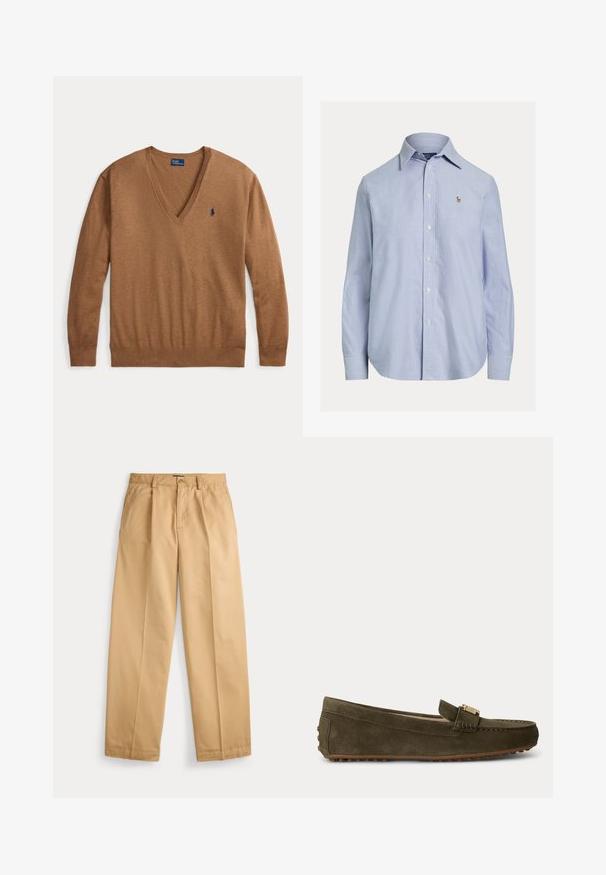 Pull marron à manches longues avec col en V et petit logo Polo Ralph Lauren bleu marine sur le côté gauche de la poitrine, posé à plat sur fond blanc.; Chemise bleu clair à manches longues avec boutons, col pointu et petit logo brodé sur la poitrine gauche.; Pantalon beige à jambes droites avec fermeture par bouton et zip, poches avant, passants pour ceinture et plis marqués le long des jambes.; Mocassin en daim vert foncé avec picots en caoutchouc sur la semelle et le talon, détail boucle dorée sur le dessus, et petit talon pour un usage décontracté.