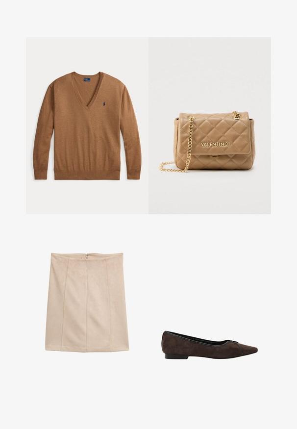 Brauner langärmeliger V-Ausschnitt-Pullover mit kleinem dunkelblauem Polo Ralph Lauren-Logo auf der linken Brustseite, flach auf weißem Hintergrund liegend.; Beige Kunstwildlederrock mit einer glatten Textur, geradem Schnitt und einem Reißverschluss auf der Rückseite. Mit vertikalen Nähten für Designakzente.; Dunkelbrauner Veloursleder-Flachschuh mit spitzer Spitze, schwarzen Zierleisten und niedrigem Absatz, seitlich gezeigt.; Gesteppte beige Handtasche mit goldfarbenen Beschlägen und Kettenriemen. Verfügt über einen Klappverschluss und ein eingeprägtes Markenzeichen auf der Vorderseite. Kompaktes Design.