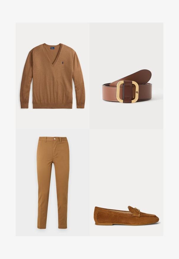 Brauner langärmeliger V-Ausschnitt-Pullover mit kleinem dunkelblauem Polo Ralph Lauren-Logo auf der linken Brustseite, flach auf weißem Hintergrund liegend.; Gerade geschnittene Khakihose mit Vordertaschen, Gürtelschlaufen und Knopfverschluss, flach auf weißem Hintergrund präsentiert.; Brauner Wildleder-Loafer mit einem goldfarbenen Metallschnallendetail oben und einer flachen Absatzsohle.; Brauner Ledergürtel mit einer goldenen rechteckigen Schnalle, die eine genähte Schlaufe und kleine eingravierte Initialen auf einem einfarbigen Hintergrund aufweist.