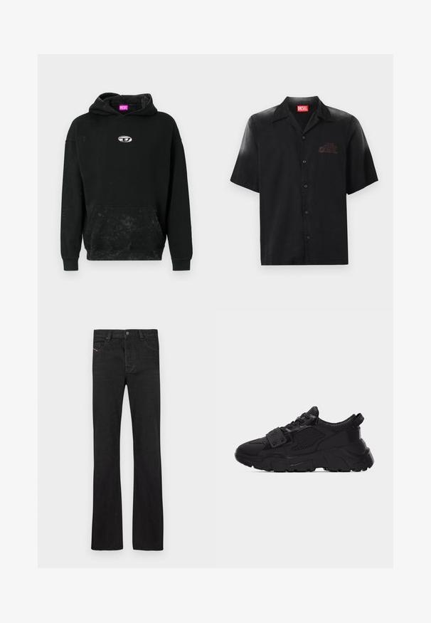 Schwarzer Hoodie aus Baumwollmix, mit einer Front-Kängurutasche, einem silbernen Logo-Accent und einer strukturierten Oberfläche mit subtilen Verfärbungen.; Schwarz kurzärmliges Hemd aus glattem Stoff mit durchgehender Knopfleiste, das ein dezentes geprägtes Logo auf der linken Brust trägt.; Schwarze Denim-Jeans mit geradem Schnitt, fünf Taschen, einem vorderen Knopfverschluss und dezenten roten Nähten an der linken Tasche.; Schwarzer klobiger Sneaker mit Mesh- und Lederpaneelen, dicker strukturierter Sohle, Schnürung vorne und einem Riemen mit Metallnieten über den Schnürsenkeln.