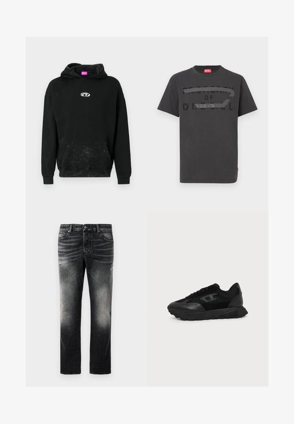 Schwarzer Hoodie aus Baumwollmix, mit einer Front-Kängurutasche, einem silbernen Logo-Accent und einer strukturierten Oberfläche mit subtilen Verfärbungen.; Graues Baumwoll-T-Shirt mit fettem schwarzem Text "PROPERTY OF D.I.E.S.E.L.", glatter Textur und kurzen Ärmeln.; Schwarze Jeans mit einem verblassten Finish und verwaschenen Akzenten, klassisches Fünf-Taschen-Design und Reißverschluss. Hergestellt aus Denim-Stoff.; Schwarzer Low-Top-Sneaker mit strukturierter Sohle, Mesh- und Lederoberseite, Schnürung vorne und kleinem eingeprägtem Logo auf dem Seitenpanel.