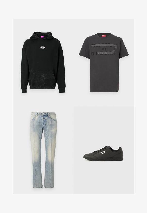 Zwarte hoodie gemaakt van katoenmix, met een voorkant kangoeroezak, een zilveren logo-accent en een gestructureerde afwerking met subtiele verkleuring.; Grijze katoenen t-shirt met vetgedrukte zwarte tekst "EIGENDOM VAN D.I.E.S.E.L.", met een gladde textuur en korte mouwen.; Lichtblauwe denim jeans met een rechte pijp, voorzien van dubbele stiksels, voorzakken en een verweerde afwerking. Geen zichtbare merkaanduiding.; Zwarte sneakers van synthetisch materiaal met een geribbelde zwarte zool, ronde neus en vlakke zwarte veters. Opvallend wit logomerk aan de buitenzijde.