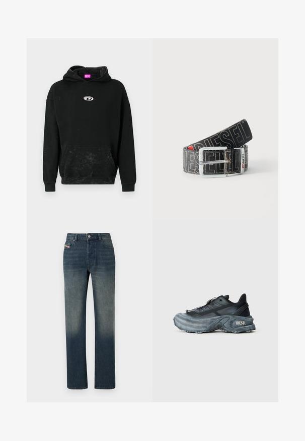 Schwarzer Hoodie aus Baumwollmix, mit einer Front-Kängurutasche, einem silbernen Logo-Accent und einer strukturierten Oberfläche mit subtilen Verfärbungen.; Blaue Jeans mit geradem Bein, verwaschenem Look, Vorderseite mit Knopf- und Reißverschluss sowie Fünf-Taschen-Design.; Schwarz- und graue Diesel-Sneaker mit dicker Sohle, Schnürverschluss und strukturiertem Design auf einem schlichten hellgrauen Hintergrund.; Schwarzer Diesel-Gürtel mit großem weißen Logotext, rechteckiger silberner Schnalle und gebrandetem Metallschlaufen-Detail, aufgewickelt auf hellem Hintergrund.