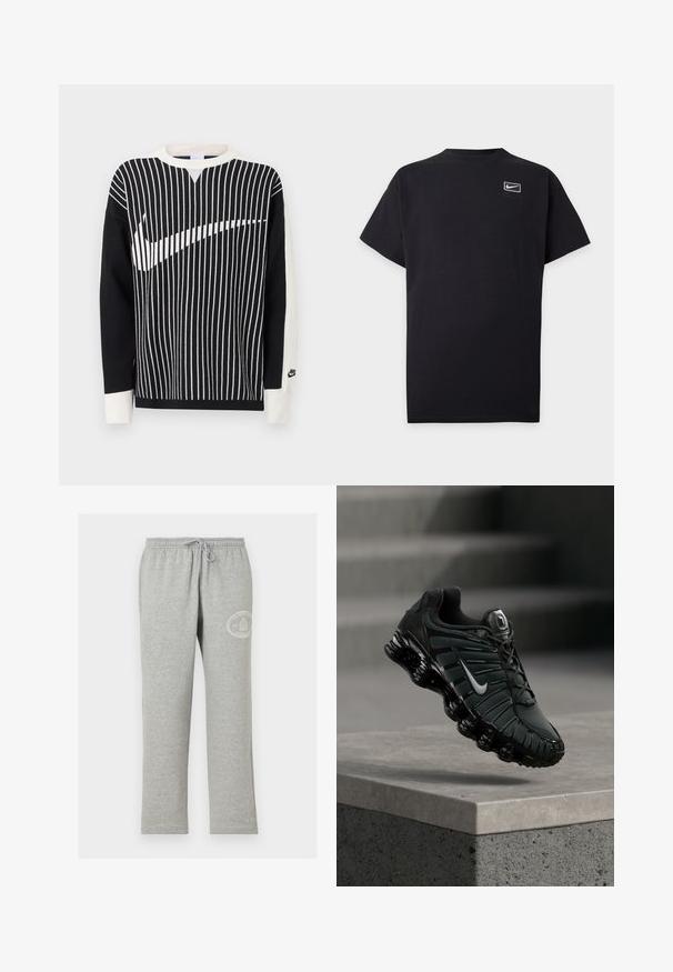 Sort-hvid langærmet sweater med lodrette striber, der danner en stor Nike swoosh tværs over forsiden og et lille Nike-logo på venstre ærmekant.; Sort kortærmet Nike T-shirt med lille hvid Nike swoosh-logo inde i en rektangulær ramme på venstre bryst.; Grå joggingbukser med elastisk linning og snøre, med lille hvidt rundt logo på øverste venstre lår.; Sort og mørkegrå Nike løbesko med hvid swoosh-logo, svævende over en betonafdækning med trapper i baggrunden.