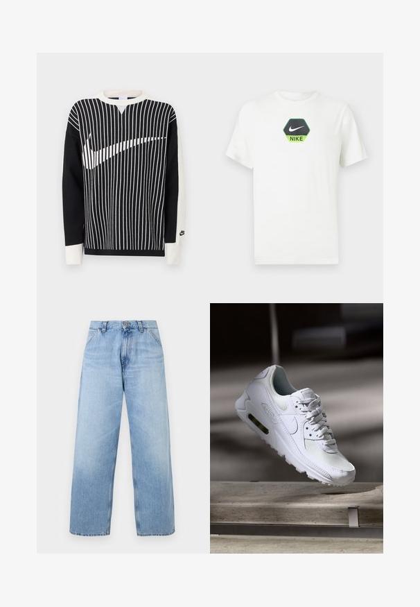 Sort-hvid langærmet sweater med lodrette striber, der danner en stor Nike swoosh tværs over forsiden og et lille Nike-logo på venstre ærmekant.; Hvid Nike T-shirt med korte ærmer, der har et sort og grønt sekskantet logo med Nike swoosh og tekst centreret på brystet.; Lyseblå denim bukser med vide ben, forlommer, bæltestropper, knaplukning og falmet detaljering.; Hvide Nike Air Max 90 sneakers med en overdel i mesh og læder, perforeret tåboks og en synlig luftenhed i hælen.