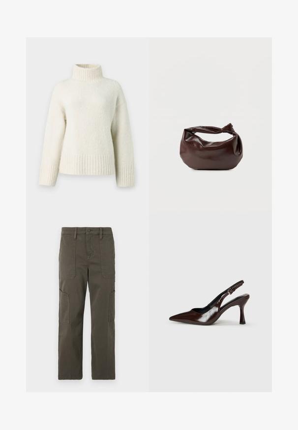 Crèmegekleurde gebreide trui met een hoge neklijn, verlaagde schouders en geribde manchetten en zoom. Zachte, gestructureerde stof heeft een warme uitstraling.; Good American CROPPED PANTS - Cargobroek - fatigue; Bruine gepatineerde leren slingback pumps met een spitse neus, een dunne hak en een verstelbaar bandje met een kleine gesp.; Donkerbruine leren schoudertas met een zachte, slungelige vorm en een gedraaide knoopvormige handgreep op een effen witte achtergrond.
