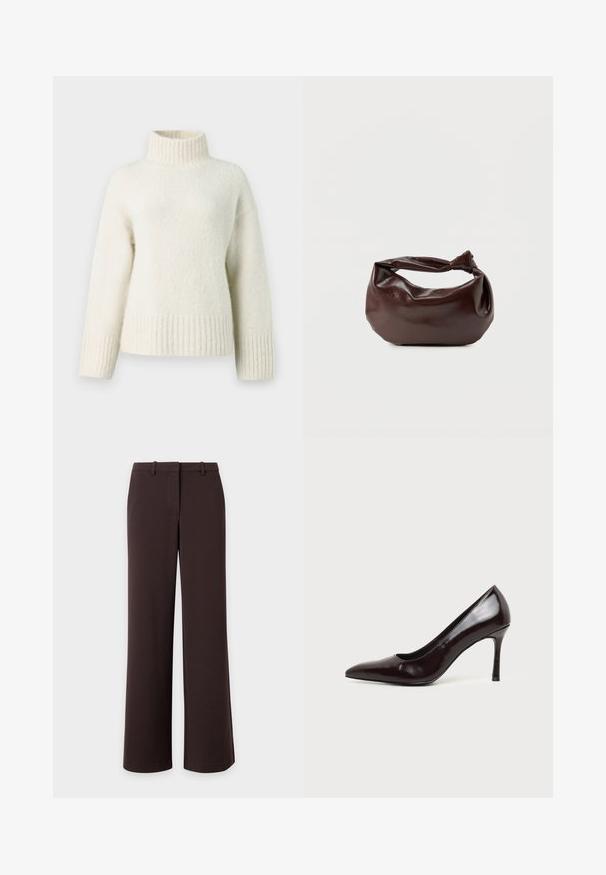 Pull en tricot de couleur crème avec un col montant, des épaules dropées et des bords côtelés. Le tissu doux et texturé apporte de la chaleur.; Pantalon large marron foncé avec passants pour ceinture et fermeture avant dissimulée, présenté à plat sur fond blanc.; Chaussure à talon haut en cuir noir à bout pointu avec un talon aiguille fin sur un fond clair uni.; Sac bandoulière en cuir marron foncé avec une forme souple et décontractée et une anse nouée torsadée sur un fond blanc uni.