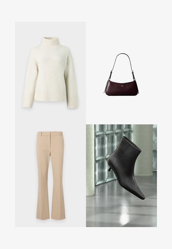 Pull en tricot de couleur crème avec un col montant, des épaules dropées et des bords côtelés. Le tissu doux et texturé apporte de la chaleur.; Pantalons beiges ajustés avec une coupe droite, présentant un devant plat, des passants de ceinture et une texture lisse. Pas de poches ni de motifs visibles.; Bottine en cuir noir avec bout pointu et petit talon, présentée devant un mur en blocs de verre et un sol poli.; Sac à main en cuir bordeaux foncé avec une fine sangle d'épaule noire et un petit logo doré "cK" au centre devant.