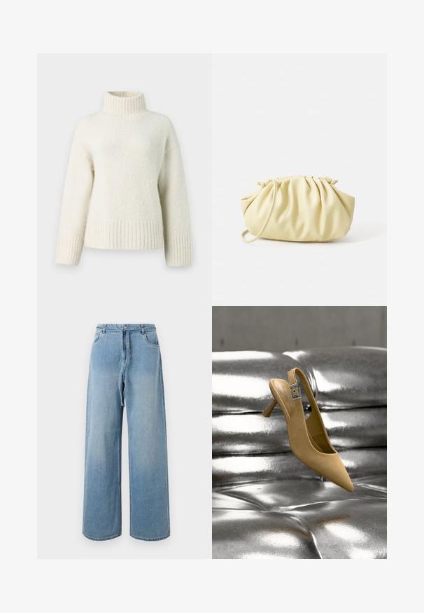 Pull en tricot de couleur crème avec un col montant, des épaules dropées et des bords côtelés. Le tissu doux et texturé apporte de la chaleur.; Jean large en denim bleu clair avec taille haute, comportant des poches avant, une ceinture à nouer et une texture délavée.; Chaussure beige en daim à talonkitten et bride arrière avec une boucle argentée, positionnée au-dessus d'une surface capitonnée métallique brillante.; Sac à main plissé jaune en simili cuir lisse, arborant une forme douce avec une bandoulière unique et un design froncé sur le dessus.
