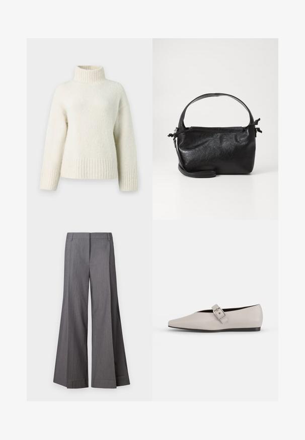 Cremefarvet strikket sweater med høj krave, dropped shoulders og ribbede manchetter og kant. Blødt, struktureret stof tilfører varme.; Grå vide benbukser lavet af et struktureret stof med høj talje og forfald. Kantafslutningerne er rene uden yderligere detaljer.; Beige læder flad sko med spidse tæer, en sidelukning som accent og en lav sort sål. Glat tekstur og minimalistisk design.; Sort læderhåndtaske med et struktureret design, rund tophåndtag og aftagelig skulderrem. Den har en glat tekstur og en subtil glans.