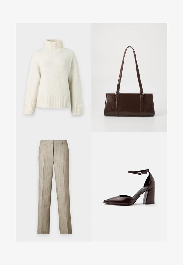 Pull en tricot de couleur crème avec un col montant, des épaules dropées et des bords côtelés. Le tissu doux et texturé apporte de la chaleur.; Pantalon beige à fines rayures avec une coupe droite, doté d'une ceinture structurée et d'une texture subtile sur l'ensemble du tissu.; Chaussure à talon haut en cuir marron foncé à bout pointu, avec bride à la cheville et boucle argentée sur fond blanc.; Sac à main en cuir verni marron de forme rectangulaire, avec deux longues poignées et des accents courbés subtils à l'avant.