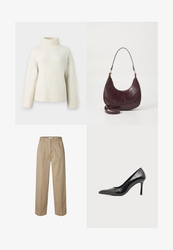 Suéter de punto color crema con cuello alto tipo mock, hombros caídos y puños y dobladillo acanalados. Tejido suave y texturizado que aporta calidez.; Pantalones beige de pierna recta con trabillas para el cinturón, cremallera y cierre frontal con broche, y discretas pinzas frontales para un look entallado.; Zapato de tacón alto de mujer en piel negra patentada, con punta puntiaguda y tacón delgado, sobre un fondo claro y liso.; Bolso de hombro de cuero burdeos con forma curva, cierre de cremallera y correa desmontable. Presenta una textura suave y detalles en dorado.