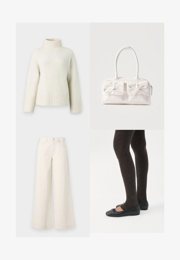 Suéter de punto color crema con cuello alto tipo mock, hombros caídos y puños y dobladillo acanalados. Tejido suave y texturizado que aporta calidez.; Pantalones de mezclilla de pierna ancha en un tono beige claro, con cintura alta, dos bolsillos frontales, cierre de botón y un sutil detalle de costura.; Piernas con leggings oscuros acanalados combinados con bailarinas negras que presentan pequeños detalles de lazo sobre un fondo blanco.; Bolso sintético blanco con dos bolsillos delanteros, cada uno con un detalle de lazo atado. Textura suave, asas redondeadas y cierre de cremallera.