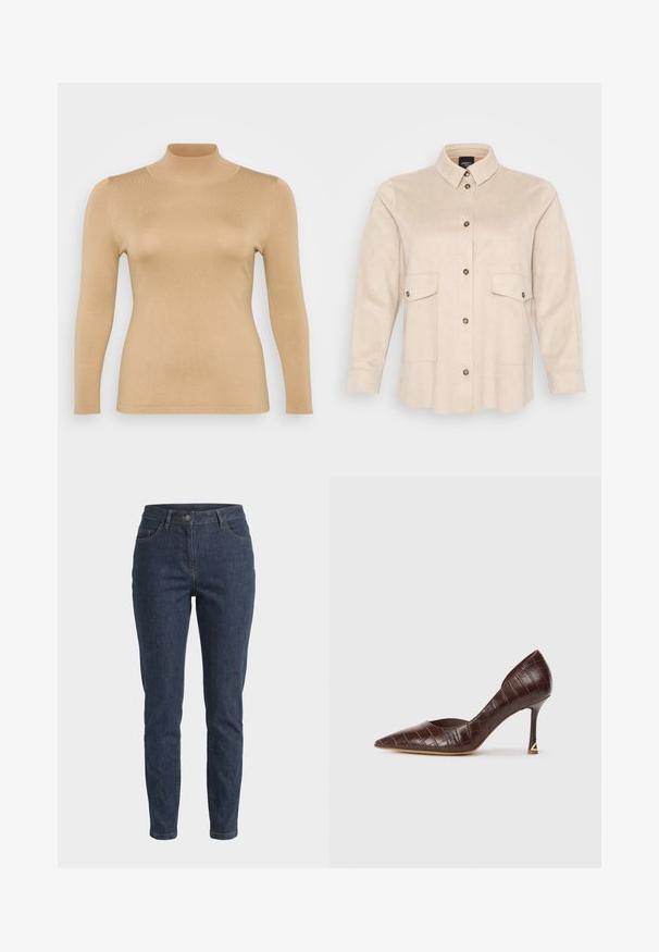 Top beige de cuello alto con mangas largas, textura acanalada, diseño ajustado y un alto cuello. Material suave sin adornos visibles.; Camisa beige de manga larga hecha de material similar al ante, con cuello de solapa, dos bolsillos delanteros y cierre de botones oscuros.; Jeans vaqueros ajustados de mezclilla azul oscuro con botón frontal, trabillas para cinturón y cinco bolsillos, presentados sobre un fondo claro y liso.; Zapato de tacón alto de cuero marrón con grabado de cocodrilo, punta afilada y tacón delgado que presenta un acento triangular dorado.