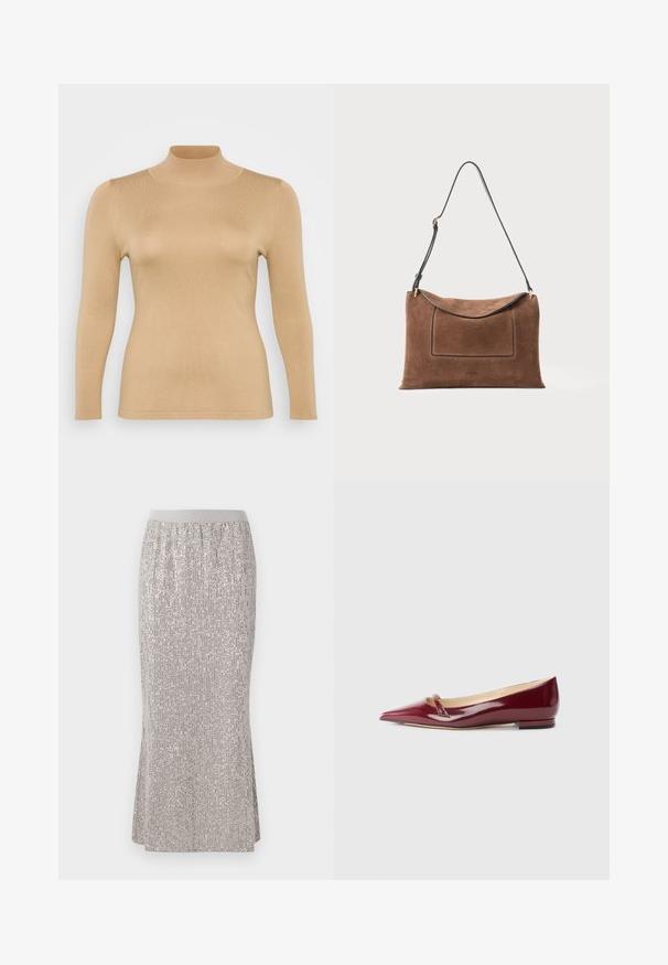 Beige rullekravebluse med lange ærmer, ribbet tekstur, tætsiddende design og høj krage. Glat materiale uden synlige udsmykninger.; Knælang sølvfarvet nederdel med pailletten, der har en tætsiddende talje og vertikale shimmer-mønstre samt sideslids for nem bevægelse.; Bordeaux patenteret læderballerinaer med spids tå, der har en lille udskæring og en lav hæl. Glat tekstur og elegant design.; Brun ruskinds håndtaske med en glat tekstur og en buet top. Har en sort læderrem og en rektangulær frontlomme. Guld hardware detaljer.