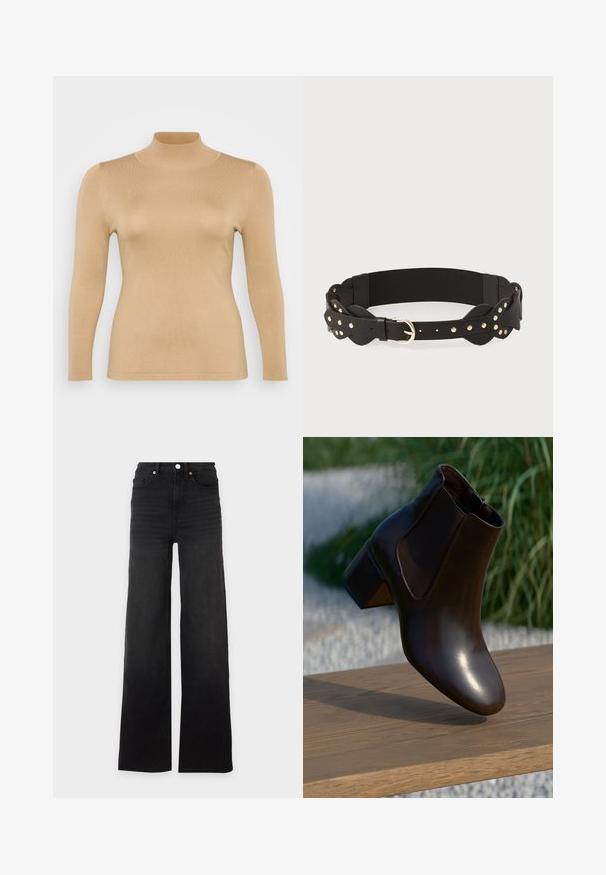 Beige rullekravebluse med lange ærmer, ribbet tekstur, tætsiddende design og høj krage. Glat materiale uden synlige udsmykninger.; Sort højtaljede jeans med brede ben, frontknap, bæltestropper og fem lommer på hvid baggrund.; Brun læder ankelstøvle med en afrundet tå og en lav blokhælhæl, der har elastiske sidepaneler og en glat, blank finish.; Sort bælte med lædermateriale og elastisk design. Har guld-tone hardware og cirkulære nitter med detaljer i scalloped kant.