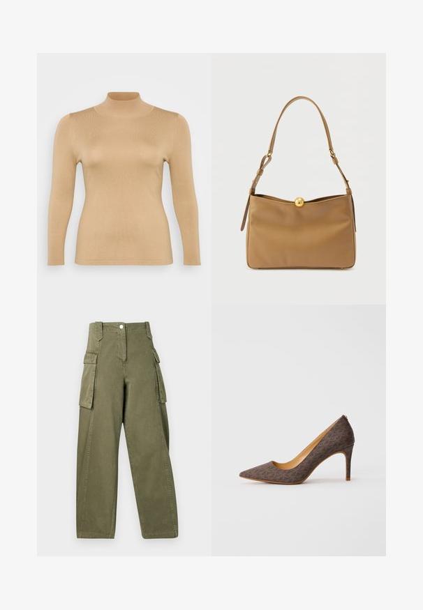 Beige rullekravebluse med lange ærmer, ribbet tekstur, tætsiddende design og høj krage. Glat materiale uden synlige udsmykninger.; Olivengrønne cargobukser med løs pasform, der har sidelommer, en knap foran og en glat, bomuldsagtig tekstur.; Brune mønstrede høje hæle med spids tå og slank stiletthæl på hvid baggrund.; Tan skuldertaske lavet af glat materiale med en rund gylden lås og en justerbar rem. Enkel, rektangulær form.