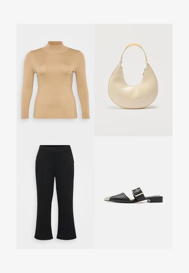 Beige rullekravebluse med lange ærmer, ribbet tekstur, tætsiddende design og høj krage. Glat materiale uden synlige udsmykninger.; Sorte flagrende bukser med en glat, strækbar tekstur. Har en bred talje og ribbede detaljer ved sidelommerne.; Sorte lædersandaler med spids tå, metallisk sølvhætte og justerbar spænde. Flad blokhælt for støtte.; Kremfarvet håndtaske i halvmåneform med kort håndtag, der har en metaldetalje i guldton og lynlåslukning på siden.