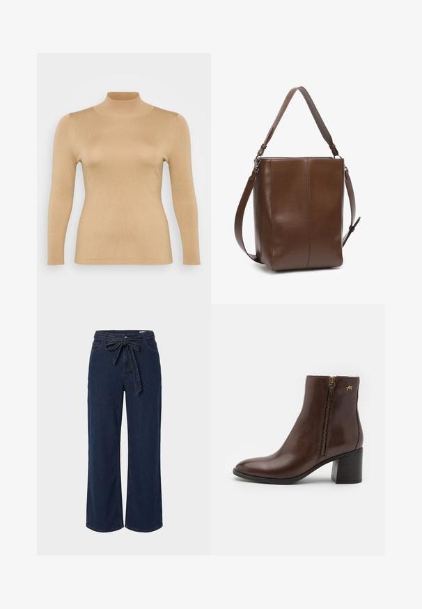 Beige rullekravebluse med lange ærmer, ribbet tekstur, tætsiddende design og høj krage. Glat materiale uden synlige udsmykninger.; Mørkeblå denimbukser med vide ben, forlommer og et stofbælte bundet i en sløjfe i taljen.; Brune læder ankelsko med rund toe, side lynlås med guld hardware og en blokhæl med et struktureret mønster.; Brun skuldertaske i læder med en glat tekstur, rektangulær form og justerbar rem. Har et rent sømdesign og diskret glans.