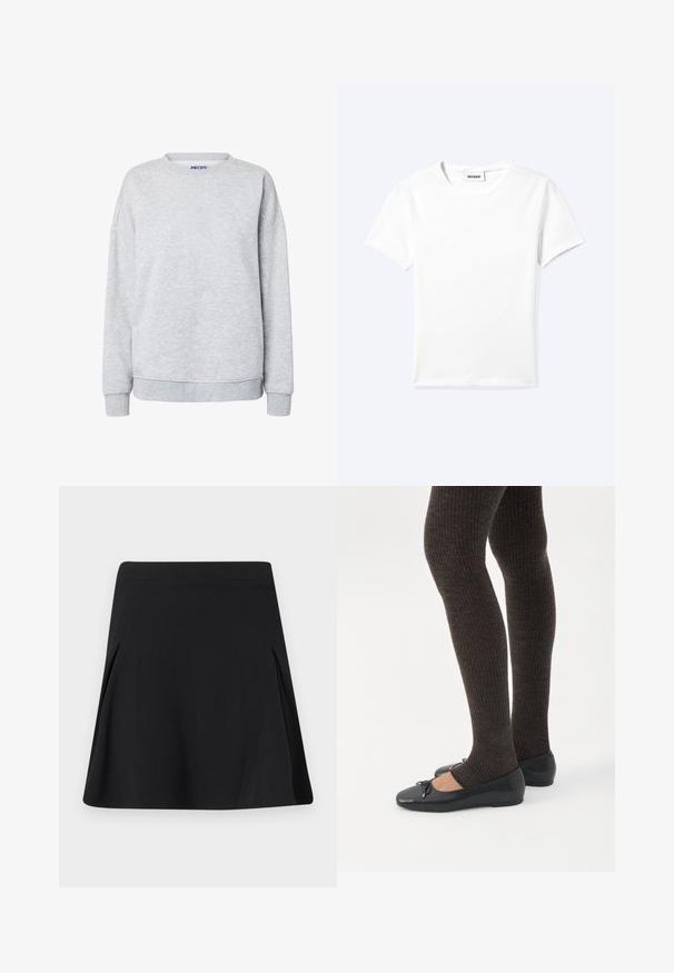 Sweat-shirt gris clair à col rond avec manches longues et poignets et bas en côtes, design simple sans graphismes ni texte.; T-shirt blanc uni à manches courtes et col rond avec une petite étiquette "WEEKDAY" à l'intérieur de l'encolure, présenté à plat sur un fond clair.; Jupe noire trapèze avec de légers plis sur les côtés, ceinture plate et texture de tissu lisse.; Jambes portant des leggings côtelés foncés associés à des ballerines noires avec de petits détails en nœud sur fond blanc.