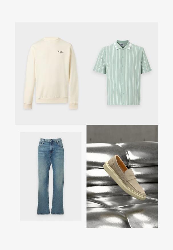 Sweat-shirt crème à manches longues avec poignets et ourlet côtelés, avec petit logo noir "Les Deux" sur la poitrine gauche.; Chemise à manches courtes vert clair avec des rayures verticales blanches et un col, présentée sur un fond blanc uni.; Jean en denim bleu avec un design classique à cinq poches, fermeture par bouton et zip, coupe droite et légère décoloration sur les cuisses et les genoux.; Chaussure beige en daim à enfiler avec un design minimaliste, présentant un devant légèrement surélevé, une semelle en caoutchouc couleur crème et un intérieur orange.