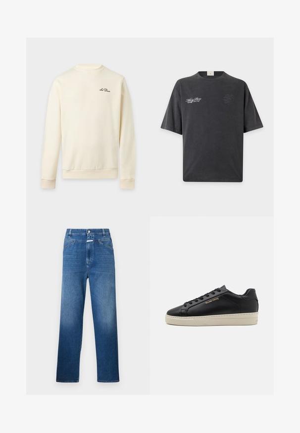 Sweat-shirt crème à manches longues avec poignets et ourlet côtelés, avec petit logo noir "Les Deux" sur la poitrine gauche.; T-shirt gris foncé à manches courtes avec texte blanc "Filling Pieces Bridge The Gap" sur la poitrine gauche et un logo sombre discret sur la poitrine droite.; Jean en denim bleu avec une coupe droite, présentant une fermeture à bouton, des passants de ceinture et un léger délavage sur les cuisses.; Sneaker en cuir noir avec une finition lisse, semelle crème contrastante, bout arrondi, logo doré sur le côté et six œillets pour les lacets.