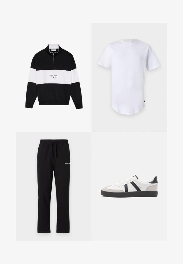 Pier One Sweatshirt - jet black; T-shirt blanc à manches courtes en coton. Design à col rond avec un ourlet arrondi. Étiquette visible sur le côté inférieur gauche. Texture lisse.; Pantalons de survêtement noirs avec une taille élastique et un cordon de serrage ajustable. Présente un logo brodé sur la cuisse et une coupe droite.; Baskets blanches avec des accents noirs et gris, présentant un embout texturé gris, une semelle en caoutchouc noir et des lacets plats blancs. Design épuré, style minimaliste.