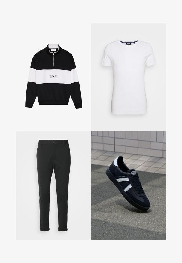 Pier One by Zalando Sweatshirt - jet black; Lindbergh T-shirts basic - white; Sorte bukser lavet af et glat stof med lige pasform. Har en enkelt knaplukning og opspejdede manchetter.; Sort lædersneaker med hvide striber, tekstureret gummisål og snørrebånd foran. Har et brandet mærke på tungen.