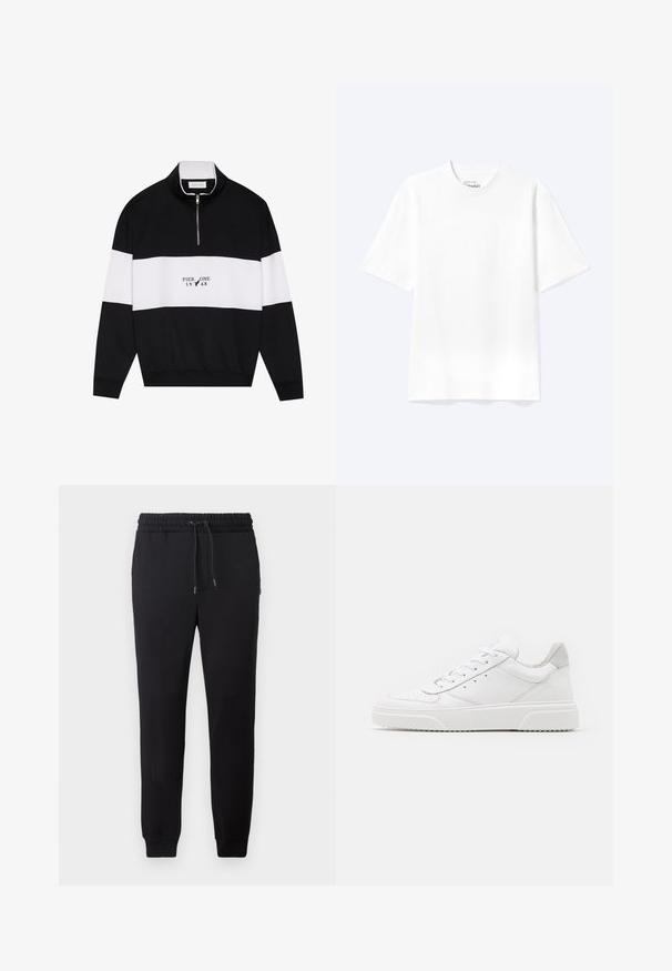 Pier One by Zalando Sweatshirt - jet black; T-shirt blanc uni à manches courtes et col rond avec une coupe décontractée, présenté sur un fond clair.; Pantalons de jogging noirs avec une taille élastique à cordon, des poignets ajustés et un textile doux. Design simple et minimaliste sans motifs ni accents.; Des baskets en cuir blanc avec une finition lisse, un bout rond, des lacets plats et une semelle texturée. Accents en daim gris au niveau du talon.