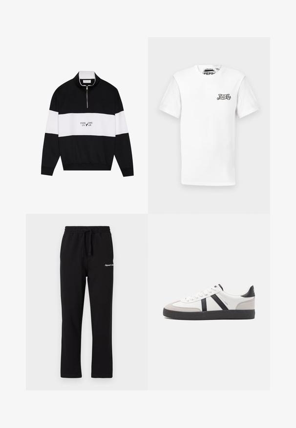 Pier One by Zalando Sweatshirt - jet black; T-shirt blanc à manches courtes avec col rond et petit logo noir "Pepsi-Cola" sur la poitrine gauche et étiquette de marque dans le cou.; Pantalons de survêtement noirs avec une taille élastique et un cordon de serrage ajustable. Présente un logo brodé sur la cuisse et une coupe droite.; Baskets blanches avec des accents noirs et gris, présentant un embout texturé gris, une semelle en caoutchouc noir et des lacets plats blancs. Design épuré, style minimaliste.