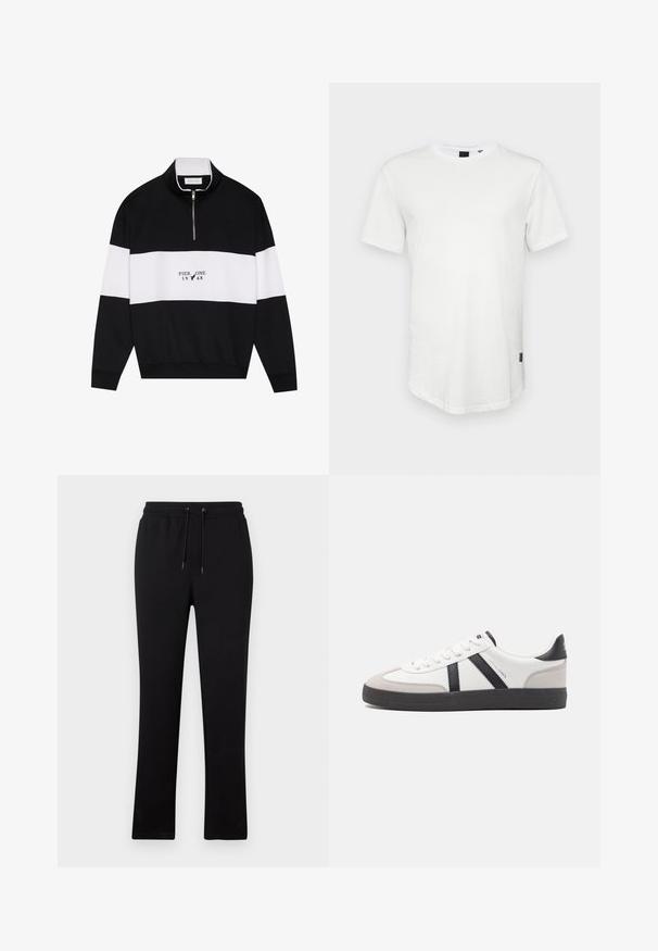 Pier One by Zalando Sweatshirt - jet black; Weißes T-Shirt mit kurzen Ärmeln aus Baumwolle, mit Rundhalsausschnitt und einem leicht verlängerten Rückenteil, sowie einem kleinen Logo-Akzent an der Seite.; Schwarze Jogginghose mit geradem Bein, elastischem Bund mit Kordelzug und ohne sichtbare Muster oder Akzente.; Weiße Sneaker mit schwarz- und grau-aczenten, ausgestattet mit einer strukturierten grauen Zehenkappe, schwarzer Gummi-Sohle und flachen weißen Schnürsenkeln. Sauberes Design, minimalistische Stil.