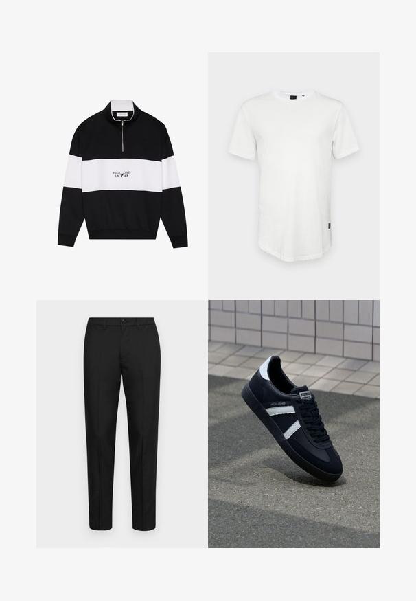 Pier One by Zalando Sweatshirt - jet black; T-shirt blanc à manches courtes en coton, avec un col rond et un dos légèrement allongé, arborant un petit logo sur le côté.; Pantalon noir en tissu lisse avec une coupe slim, doté d'une fermeture à bouton, de passants de ceinture et de jambes droites.; Sneaker en cuir noir avec des rayures blanches, semelle en caoutchouc texturée et devant à lacets. Présente une étiquette de marque sur la languette.