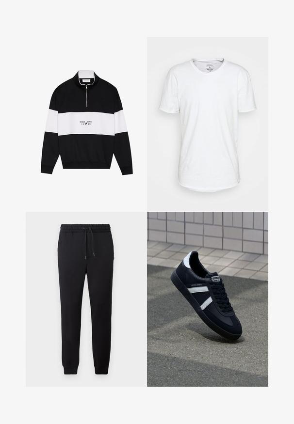 Pier One Sweatshirt - jet black; T-shirt blanc à manches courtes en coton avec un col ras du cou classique. Présente un ourlet légèrement incurvé et des détails de couture minimalistes.; Pantalons de jogging noirs avec une taille élastique à cordon, des poignets ajustés et un textile doux. Design simple et minimaliste sans motifs ni accents.; Sneaker en cuir noir avec des rayures blanches, semelle en caoutchouc texturée et devant à lacets. Présente une étiquette de marque sur la languette.