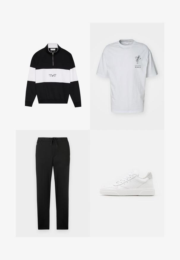 Pier One by Zalando Sweatshirt - jet black; T-shirt en coton blanc à manches courtes, avec un graphisme floral sur le devant et des détails textuels en dessous de l'illustration.; Jack & Jones Joggers Tapered Fit - Pantalon classique - black; Des baskets en cuir blanc avec une finition lisse, un bout rond, des lacets plats et une semelle texturée. Accents en daim gris au niveau du talon.
