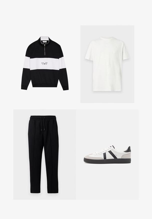 Pier One by Zalando Sweatshirt - jet black; T-shirt blanc à manches courtes avec col rond et coupe décontractée sur un fond uni clair.; Pantalons de survêtement noirs avec cordon de serrage, une taille élastique et des coutures subtiles à l'avant, présentés sur un fond blanc.; Baskets blanches avec des accents noirs et gris, présentant un embout texturé gris, une semelle en caoutchouc noir et des lacets plats blancs. Design épuré, style minimaliste.