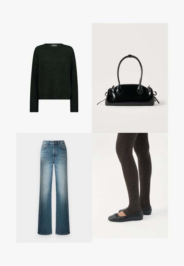 Mørkegrøn sweater med rund halsudskæring, lange ærmer og en afslappet pasform. Fremstillet af tekstureret stof med subtile tonale mønstre.; Lyseblå brede benjeans lavet af denim. Har høj talje, fem lomme-design og en falmende effekt fra top til bund.; Ben iført mørke ribbede leggings kombineret med sorte balletsko med små sløjfedetaljer på hvid baggrund.; Lille sort blank håndtaske med to lange håndtag og snøre-detaljer i siden på en ensfarvet lys baggrund.