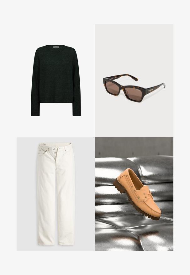 Mørkegrøn sweater med rund halsudskæring, lange ærmer og en afslappet pasform. Fremstillet af tekstureret stof med subtile tonale mønstre.; Hvide jeans med høj talje, lige ben, knaplukning, lommer foran og bagpå samt synlige kobbernitter i lommekanterne.; Lysebrun læderloafer med robust sål svæver over en skinnende sølvfarvet polstret overflade.; Skildpaddemønstrede solbriller med kantede stel, brune linser og guld "vogue" branding på armene. Tekstur mønster på stellet.