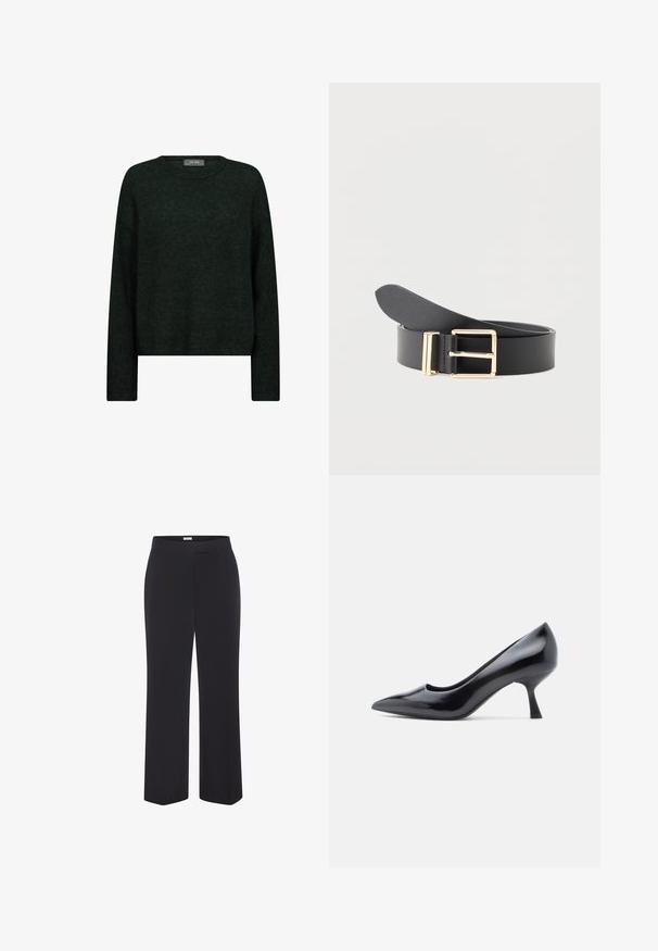 Mørkegrøn sweater med rund halsudskæring, lange ærmer og en afslappet pasform. Fremstillet af tekstureret stof med subtile tonale mønstre.; Sorte bukser med lige ben, bæltestropper og lynlås foran, vist mod en hvid baggrund.; Sort laklæderstilet med spids tå og en mellemhøj stilet hæl. Glat tekstur og minimalistisk design uden synlige dekorationer.; Sort læderbælte rullet med rektangulær guldfarvet metalspænde på hvid baggrund.