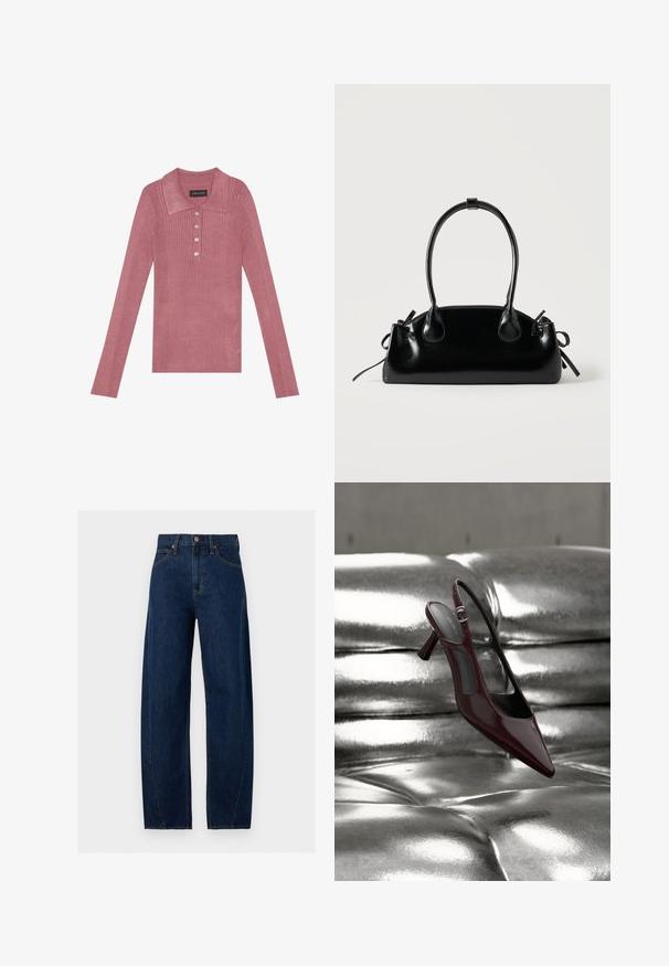Ribbede langærmede polo top i støvet rosa med krave, fem knaplukninger og en blød tekstur. Simpelt design uden yderligere mønstre.; Mørkeblå straight-leg denimjeans med knap- og lynlåsforside, bæltestropper og orange kontrastsyning på sømme og lommer.; Blank mørkerød slingback højhælet sko med spids tå, vist på en skinnende sølvfarvet polstret læderoverflade.; Lille sort blank håndtaske med to lange håndtag og snøre-detaljer i siden på en ensfarvet lys baggrund.