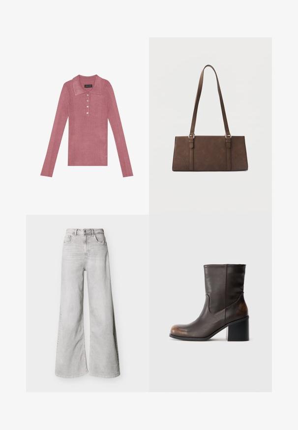 Polo à manches longues côtelé en rose poussiéreux avec un col, une patte de boutonnage à cinq boutons et une texture douce. Design simple sans motifs supplémentaires.; Jeans larges gris clair en jean, avec une taille haute, des poches avant et une fermeture à boutons. Texture lisse avec un léger aspect délavé.; Botte en cuir marron foncé mi-mollet avec un bout arrondi et un talon carré, montrant des détails d'usure subtils sur les zones du bout et du talon.; Sac à bandoulière rectangulaire marron avec longues sangles et détails de couture minimalistes sur un fond uni.