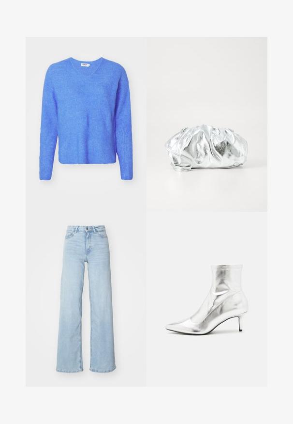 Blauwe ribgebreide trui met een V-hals, lange mouwen en een relaxed fit. Gemaakt van een zachte, gestructureerde stof. Etiket leest "ONLY."; Lichtblauwe wijde jeans van denim. Met een hoge taille, knoopsluiting aan de voorkant en twee zakken. Gladde textuur met subtiele vervaging.; Zilverkleurige metallic enkelboot met een spitse neus en een smalle hak. Beschikt over een strakke pasvorm en een gladde, glanzende textuur. Naadaccenten aan de bovenkant.; Metalen zilveren clutch tas met een zachte, geplooide body en een dunne schouderriem. Kenmerkt zich door een gladde, glanzende textuur en afgeronde vorm.